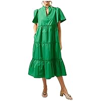 SCOFEEL Women's V Neck Tiered Midi Dress Ruffle Pleated Flowy Dress Short Sleeve Summer Boho Long Dress