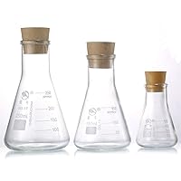Glass Erlenmeyer Flask Set, (250 ml, 150 ml & 50 ml) Graduated Borosilicate Glass Erlenmeyer Flasks with Rubber Stoppers & Accurate Scales for Lab, Experiment, Chemistry, Science Studies etc