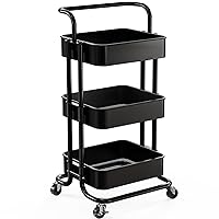 Pipishell 3 Tier Mesh Utility Cart, Rolling Metal Organization Cart with Handle and Lockable Wheels, Multifunctional Storage Shelves for Kitchen Living Room Office Black