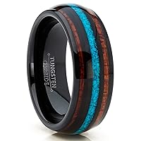 Black Tungsten Carbide Koa Wood & Crushed Turquoise Inlay Men's Comfort Fit Wedding Band Engagement Ring - Size 10 8MM