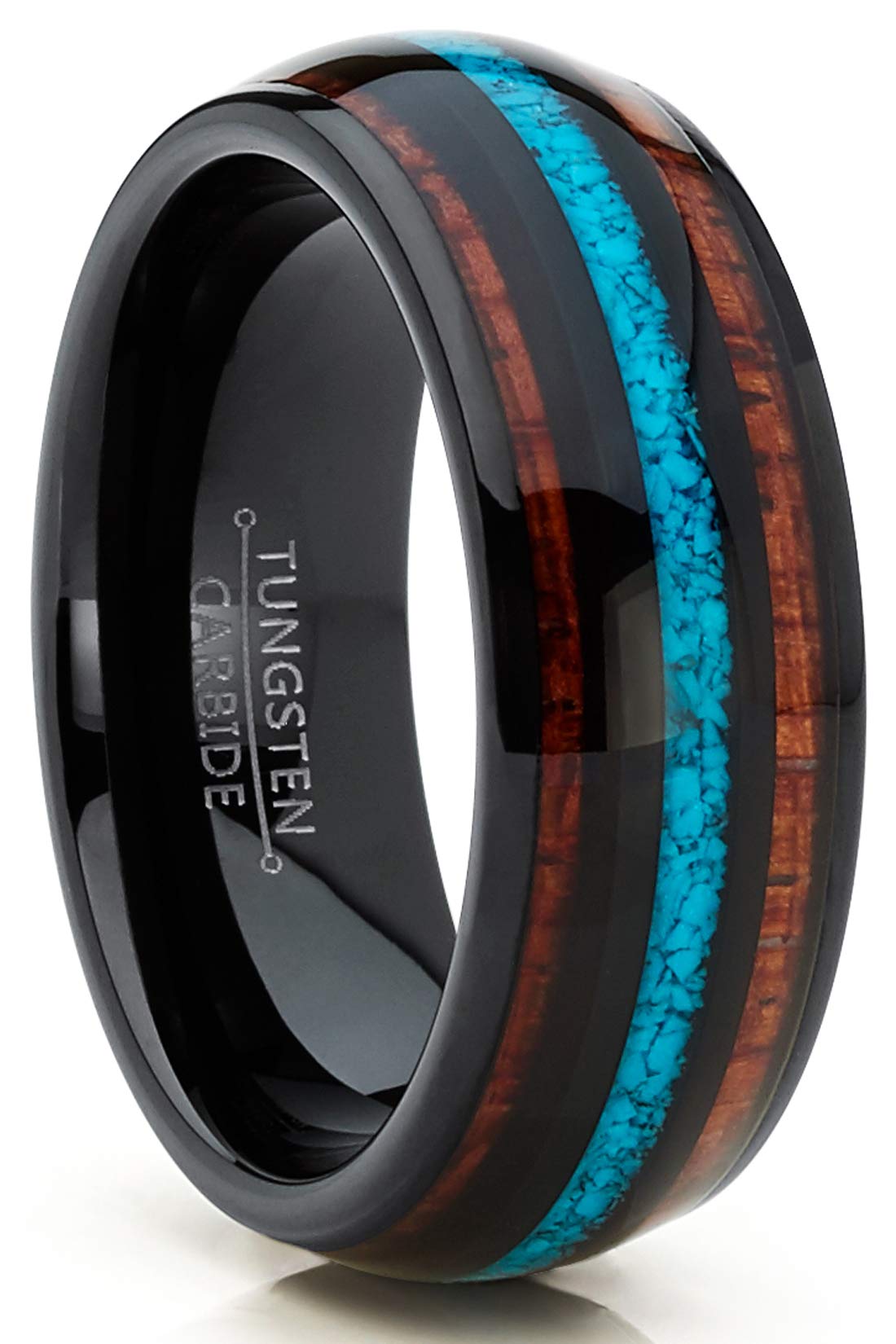 Black Tungsten Carbide Koa Wood & Crushed Turquoise Inlay Men's Comfort Fit Wedding Band Engagement Ring - Size 15 8MM
