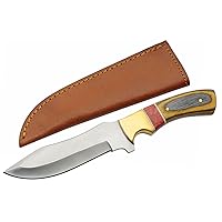 SZCO Supplies 9.5” Red Amber Wood/Brass Handled Outdoor Upsweep Hunting Knife With Sheath,203449-AM