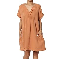 TheMogan Women's Casual Loose Short Sleeve V Neck Cotton Gauze Babydoll Shift Mini Dress