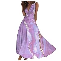 Womens Spring Dresses Marble Maxi Dress Fashion V Neck A Line Dress Casual Summer Swing Sleeveless Dresses