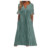 Manzene Summer Eyelet Button-up Tie Short Sleeve Dresses Breathable Bohemian Midi Dresses Casual Beachy Outfits with Pockets Green