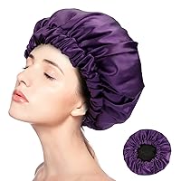 Large Satin Lined Hair Cover Sleep Cap for Women, Adjustable Drawstring Double-Sided Sleep Cap for Natural Curly Hair Protection(Purple)