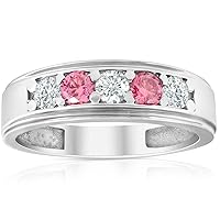 P3 POMPEII3 1 Ct T.W. Pink & White Lab Grown Diamond Mens Wedding Ring 5-Stone White Gold