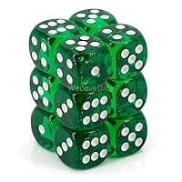DND Dice Set - Chessex D&D Dice - 16mm Translucent Green & White Plastic Polyhedral Dice Set-Dungeons and Dragons Dice Includes 12 Dice – D6 (CHX23605)