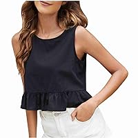 Women's Casual Peplum Ruffle Hem Tank Tops High Neck Sleeveless T-Shirts Summer Trendy Solid Color Babydoll Tank Top