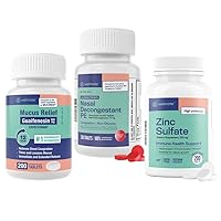 Comprehensive Cold & Allergy Relief Bundle: Mucus Relief Guaifenesin 600mg (200 Ct), Nasal Decongestant PE Phenylephrine HCl 10 mg (200 Tablets) & Zinc Sulfate 220mg Immune Support (200 Tablet