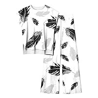 Women's Summer 2 Piece Outfits Feather Print Lounge Tracksuit Cap Sleeve High-Low Hem Tops and Wide Leg Pant Sets