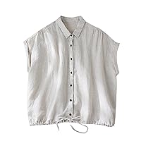 Vintage Cotton Linen Sleeveless Shirts Women Drawstring Hem Button Down Lapel Vests Summer Casual Loose Fit Blouses