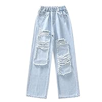 CHICTRY Girl's Ripped Jeans Elastic High Waist Casual Baggy Wide Leg Distressed Denim Pants