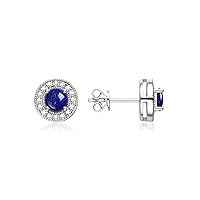 14K White Gold Halo Stud Earrings - 4MM Round Gemstone & Diamonds - Exquisite Birthstone Jewelry for Women & Girls