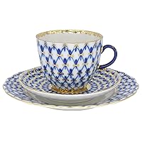 Lomonosov Porcelain Cobalt Net Coffee Cup and Saucer 3pc.