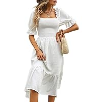White Dress Swiss Dot Square Neck Shirred Detail Puff Sleeve Ruffle Hem Dress White Dress (Color : White, Size : X-Small)