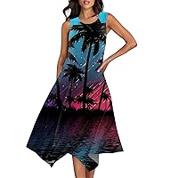 Dress Women Casual Hawaiian Dresses for Women Summer Print Casual Fashion Elegant Ceach Dress Sleeveless Round Neck Flowy Dresses Dark Blue Large
