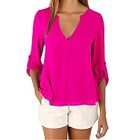 Women's Plus Size Chiffon Tops Cuffed Sleeves Causal Loose Shirt Buttons V Neck Solid Color Elegant Blouse