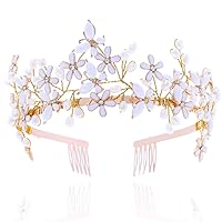 Formery Flower Pearl Crown Gold Rhinestone Butterfly Bride Headband Wedding Prom Party Handmade White Floral Pearls Tiara Headpiece for Women and Girls