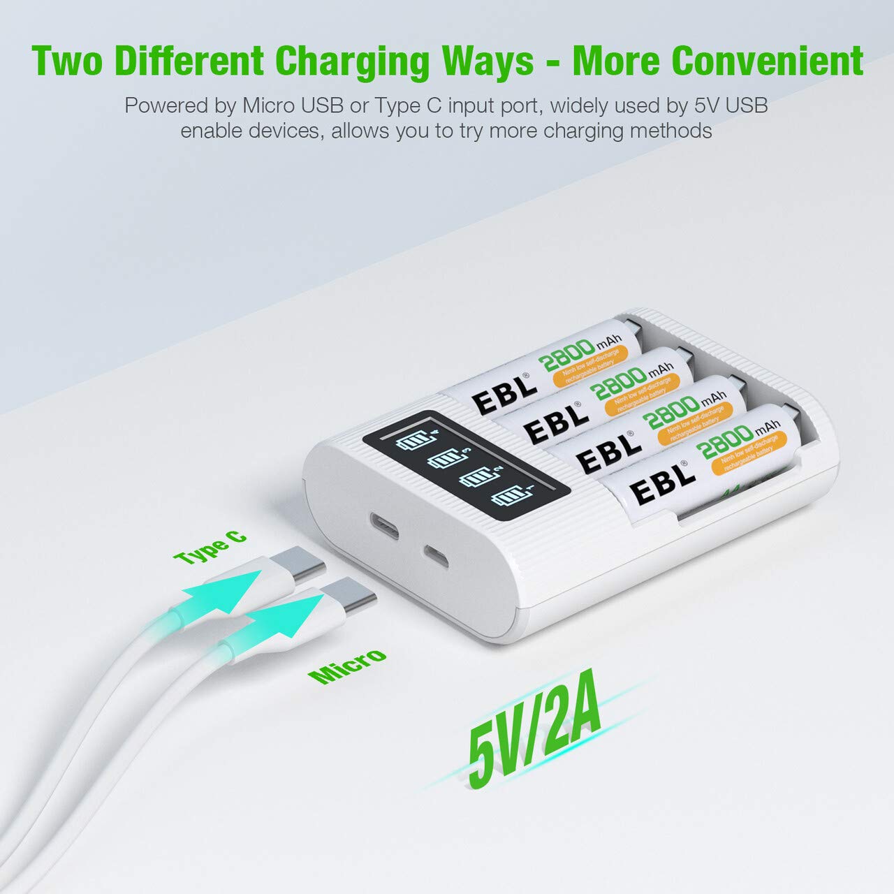 EBL LCD Battery Charger AA AAA Rechargeable Battery Charger - 4 Bay Smart LCD Charger with 2 USB Input Port for Ni-CD Ni-MH Battery