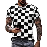 Men's Cotton T-Shirt -Black White Race Checkered Flag Pattern, Casual Graphic Crew Neck Short Sleeve Tees Tops