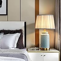 White/Cyan Ceramic Table Lamp All Copper Nightstand Lamp with Fabric Lamp Shade | Modern Bedside Lamp for Bedrooms & Living Room (Bulb Not Included)