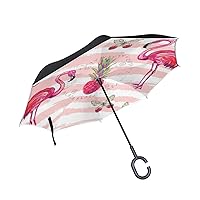 Tropical Flamingo Pineapple Butterfly Pink Stripes Windproof Inverted Open Close Reverse Rain Umbrella Inside Out Quality Waterproof Parasol Upside Down Stick Shelter with Hook c Handle