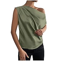Prime Deals Women Going Out Tank Top Sleeveless Slant Shoulder Sexy Tops Casual Ruched Summer Blouses Solid Cami Blouses Tee Eyelet T-Shirt