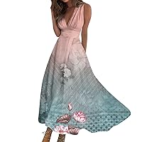 Spring Dresses for Women 2024,Women's Summer Fashion Sleeveless Hawaiian Print V-Neck Boho Waist Retro Dress