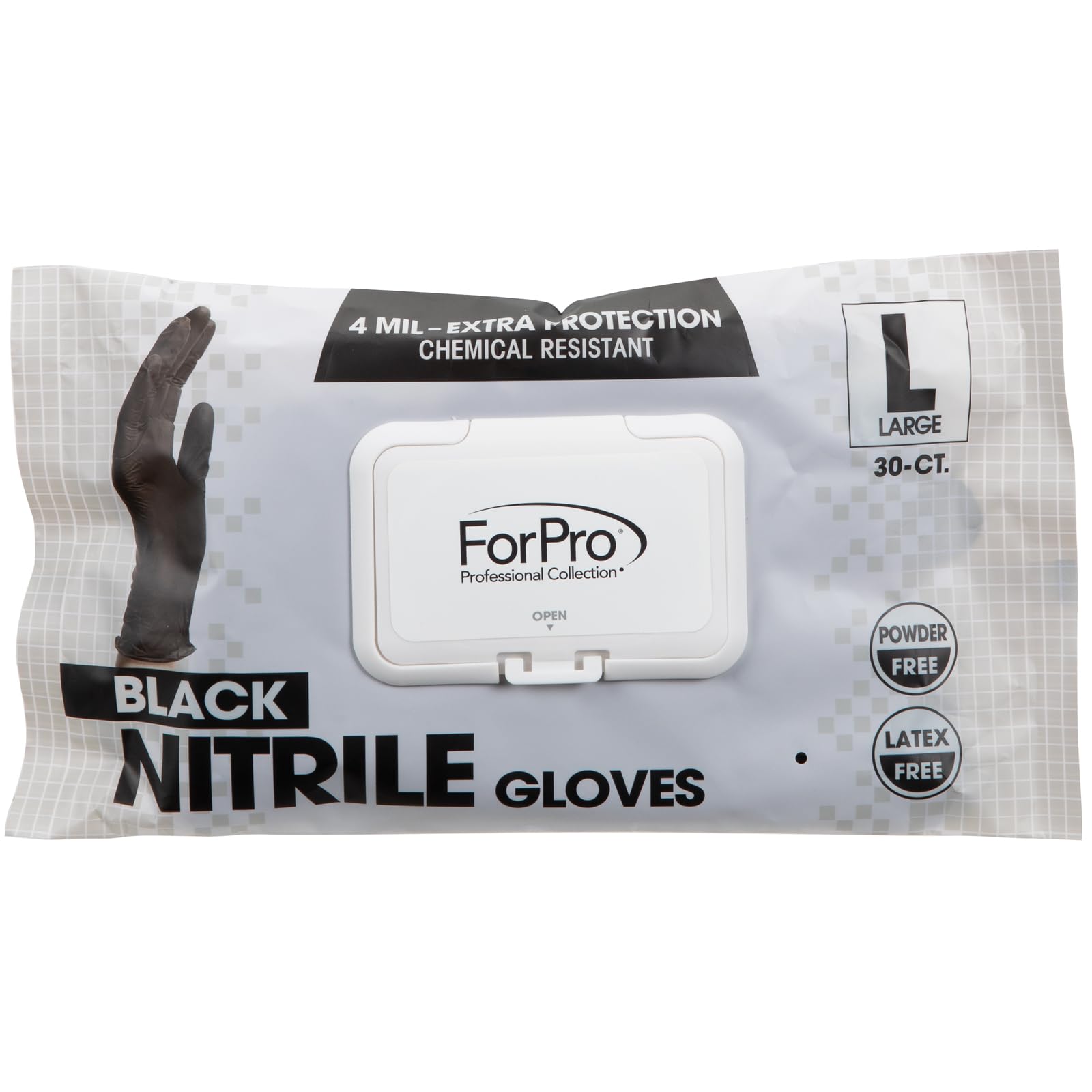 ForPro Disposable Nitrile Gloves, Chemical Resistant, Powder-Free, Latex-Free, Non-Sterile, Food Safe, 4 Mil, Black, Large, 30-Count