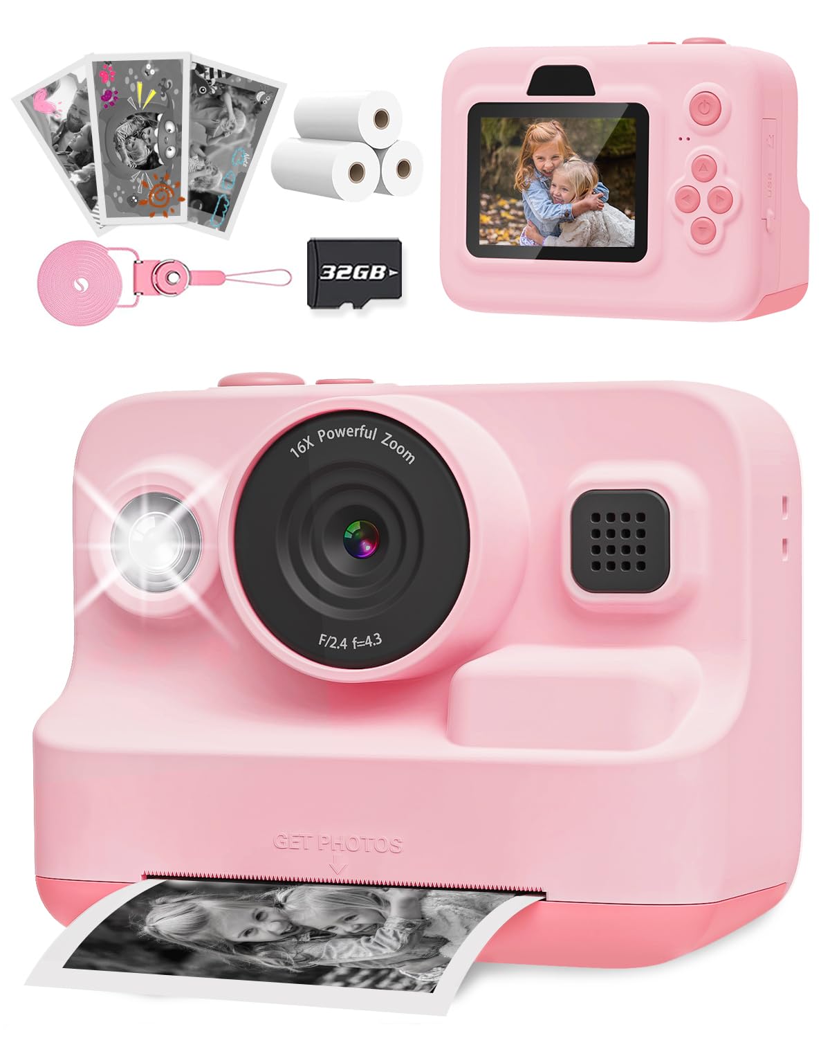 Anchioo Instant Print Camera for Kids,2.4 Inch Screen Kids Camera for Girls with Zero Ink Print Paper,Birthday Gift for Girls Boys Age 3-12,1080P Instant Camera Toys for 3 4 5 6 7 8 Year Old Girl-Pink