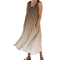 Beach Dresses for Women 2024 Vacation Summer Sleeveless Gradient Print Sundress Casual Baggy Linen Maxi Dress with Pockets