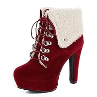 Warm Snow Boot for Women Cute Fold Over Fur Ankle Booties Chunky Block High Heels Lace Up Platform Winter Short Boots red,US Size 4