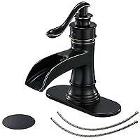 BWE Oil Rubbed Bronze Bathroom Sink Faucet with 1.2 GPM Flow Rate Waterfall Vanity Sink Faucet Single Handle Mixer Tap with Pop Up Drain Stopper Assembly Water Supply Hose Lead-Free