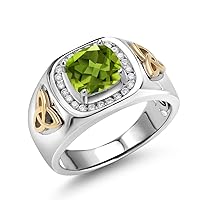 Gem Stone King Men's 925 Silver and 10K Yellow Gold Cushion Cut 8MM Gemstone Birthstone and White Lab Grown Diamond Ring Available In Size 7, 8, 9, 10, 11, 12, 13