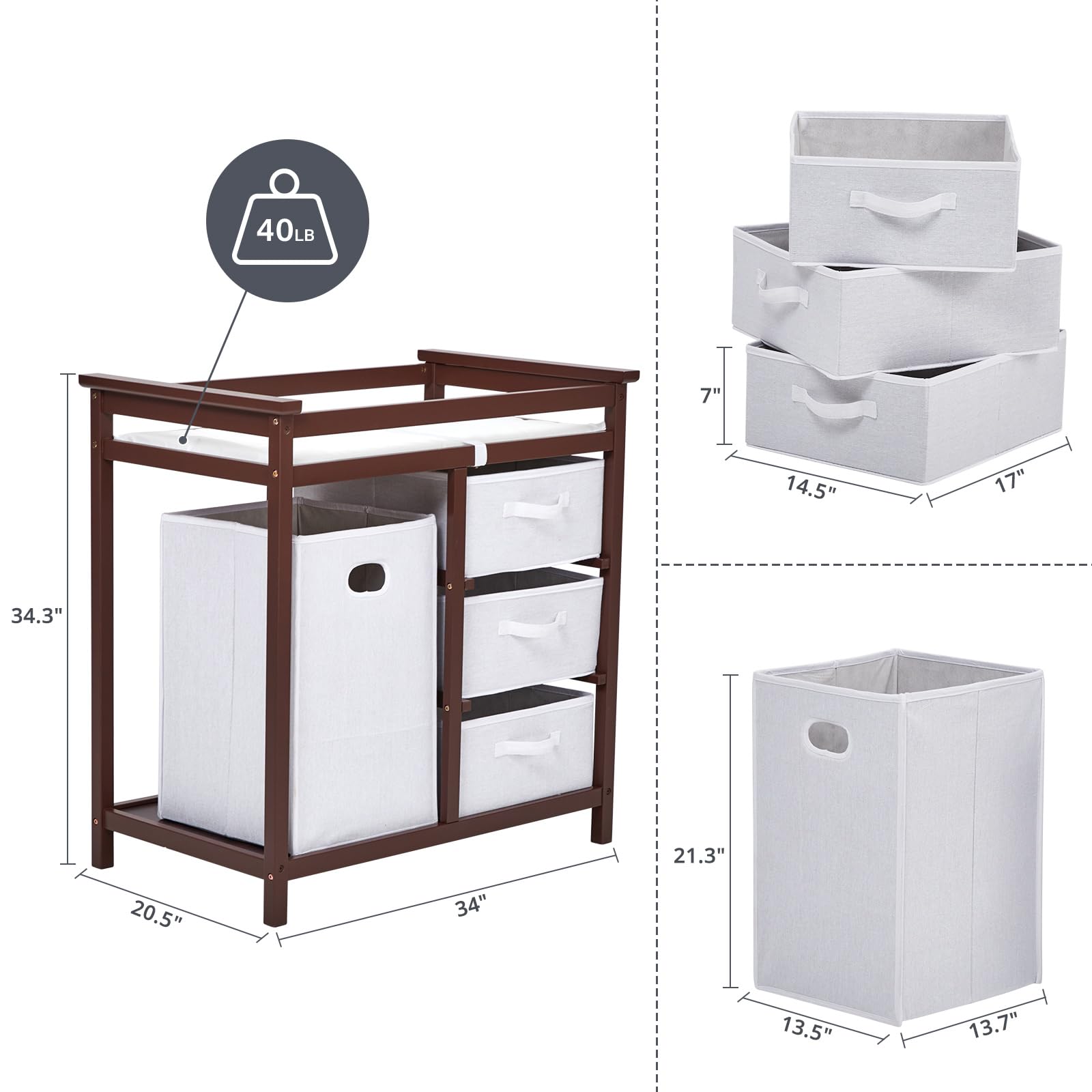 Baby Changing Table, Wooden Diaper Changing Table, Infant Diaper Changing Station Dresser with Laundry Hamper, 3 Drawer Basket and Changing Pad (Brown)