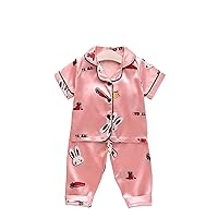 2Pcs Satin Silk PJs Sleepwear Infant Baby Boys Girls Pajama Set Cute Cartoon Shirt Tops with Pants Set