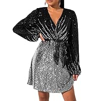 828 - Plus Size Long Sleeves Wrapped V Neck Sequins Skater Style Cocktail Evening Club Dress