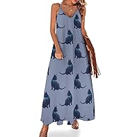 Russian Blue Cat Women's Summer Strapless Dress Sundresses V-Neck Sleeveless Long