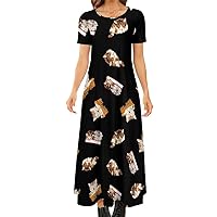 Pattern of Cat Women's Summer Casual Short Sleeve Maxi Dress Crew Neck Printed Long Dresses