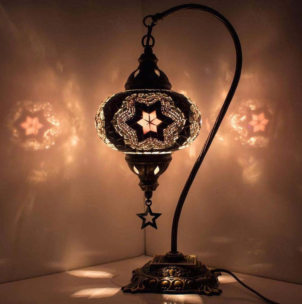 DEMMEX 2019 Turkish Moroccan Mosaic Table Lamp with US Plug & Socket, Swan Neck Handmade Desk Bedside Table Night Lamp, Decorative Tiffany Lamp Lig...
