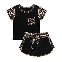 iiniim Toddler Kid Baby Girl Short Sleeve Leopard Tops Shirt with Bowknot Short Pants Outfit Tracksuit Swimsuit Set