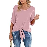 SUEANI Women's Tie Front Tops Roll Up Sleeve V Neck Chiffon Blouse Casual Work Shirt