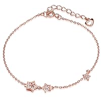Girl's 925 Sterling Silver Cubic Zirconia Cute 3 Stars Charm Adjustable Bracelets, Rose Gold Plated