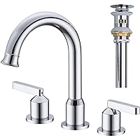 Brass Bathroom Faucet 8 Inch Widespread for Sink 3 Holes, Swivel Spout Bathroom Basin Mixer Tap, Modern 2 Handles Bath Vanity Faucet with Metal Overflow Pop Up Drain Assembly, Chrome