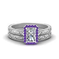 Choose Your Gemstone Hand Engraved Halo Radiant Cut Wedding Ring Set Sterling Silver Radiant Shape Wedding Ring Sets Minimal Modern Design Birthday Gift Wedding Gift US Size 4 to 12