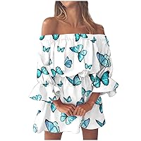 SMIDOW Off The Shoulder Dresses for Women 2023 Sexy Summer Elastic Waist Lantern Sleeve Beach Ruffle Mini Dress Sundress