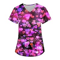Cute Summer Tops for Women Deep V Neck Stretchy Light Comfort Valentines Day Hearts Womens Scrub Tops with Pockets