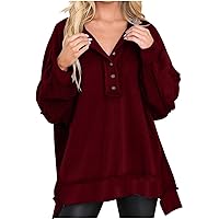 Women's Oversized Hi-Lo Hem Sweatshirt Drop Shoulder Long Sleeve Henley Pullover Winter Button V Neck Tunic Tops