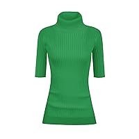 v28 Women Turtleneck 1/2 Half Sleeve Highly Stretchy Ribbed Knit Fitted Sweater